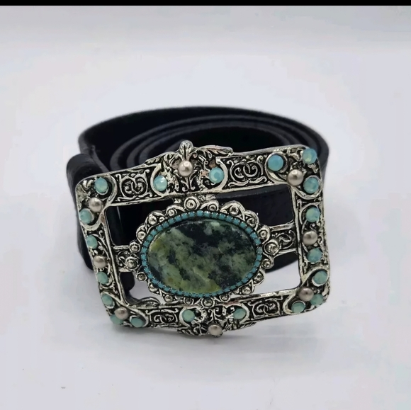 Leatherock Genuine Leather Black Belt Turquoise Silver Rectangle Buckle Belt - Picture 2 of 11